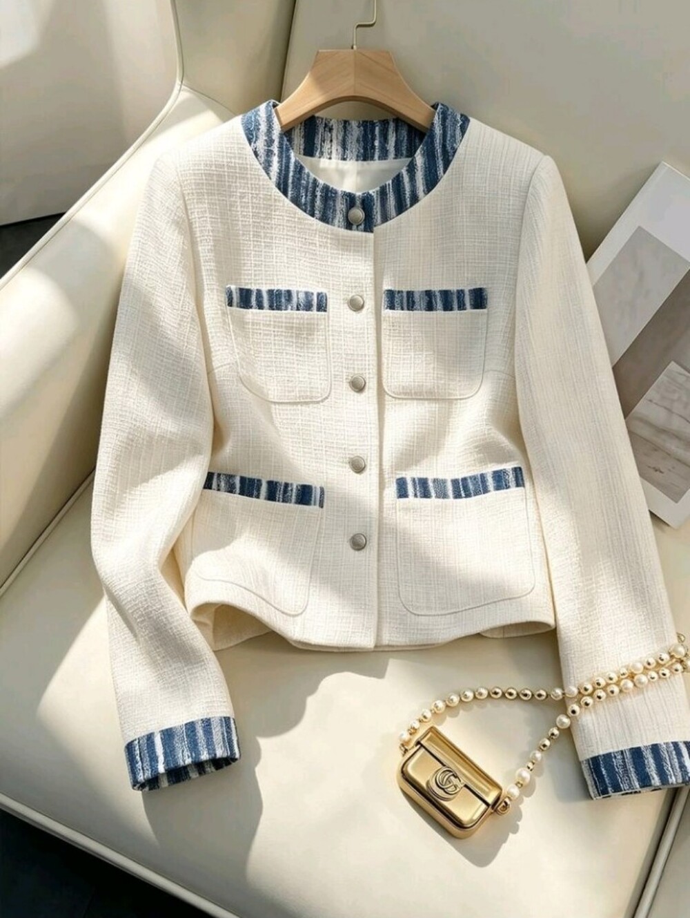 Contrast Trim Round Neck Tweed Jacket, Elegant Long Sleeve Open Front Cropped